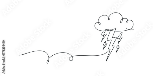 Abstract cloud with lightning strikes in continuous line art