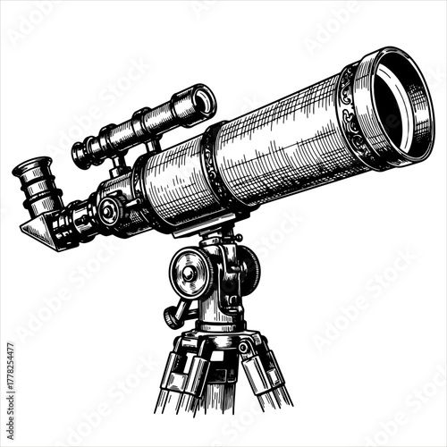 Vintage optical telescope with tripod for astronomy observation and space exploration concept. Engraving style vector illustration for education or science