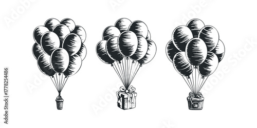Group of Balloons with Gift Box and Basket