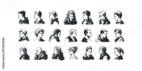 Collection of Diverse Profile Portraits in Sketch Style