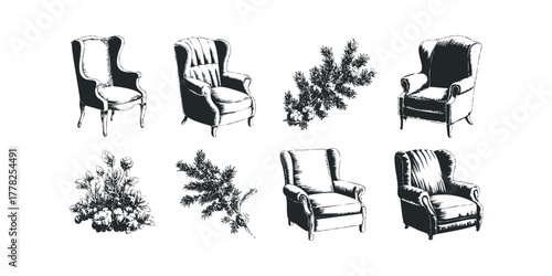 Vintage wingback chairs and botanical elements