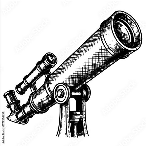 Vintage astronomical telescope with detailed texture for viewing stars and planets. Engraving sketch style isolated element. Vector illustration for science, discovery and education concept.