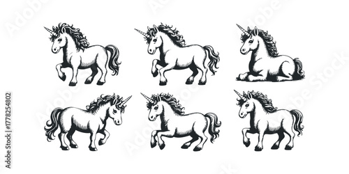 Collection of six mythical unicorns in various poses