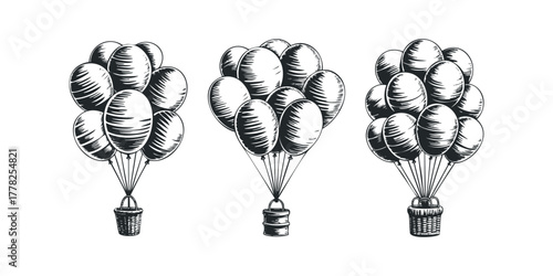 Three hot air balloon clusters with baskets