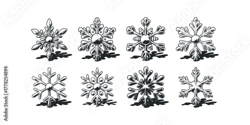 Eight Ornamental Snowflake Designs with Shadow Effects
