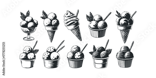 Assortment of Hand-Drawn Ice Cream Cones and Cups