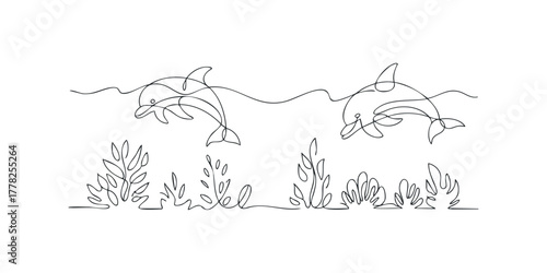 Two dolphins swimming among seaweed