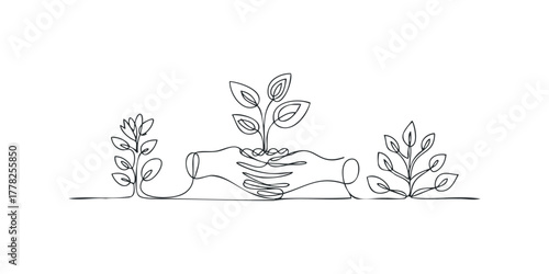 Hands holding growing plant sprout line art
