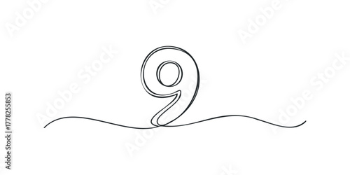 Simple continuous line drawing of number nine