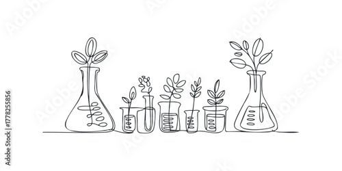 Minimalist single line drawing of plants in scientific beakers