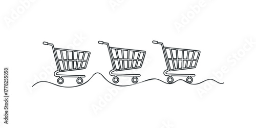 Three stylized shopping carts in a line on a wavy surface