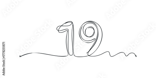 Single line drawing of the number nineteen