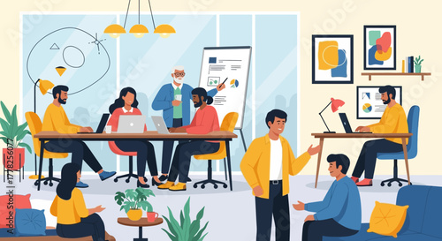 Diverse Flat Design Team Collaboration Illustration