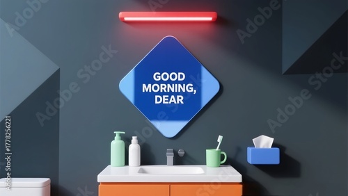 Minimalist and modern style bathroom with a sink, a diamond shaped mirror displaying the words 