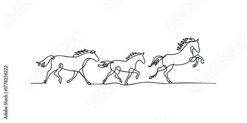 Three horses running in a single line art