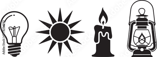 Illuminating Icons Light Bulb Sun Candle and Lantern Vector Set Symbols of Brightness Energy and Warmth for Various Creative Projects