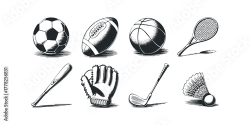 Collection of eight athletic sports balls and equipment