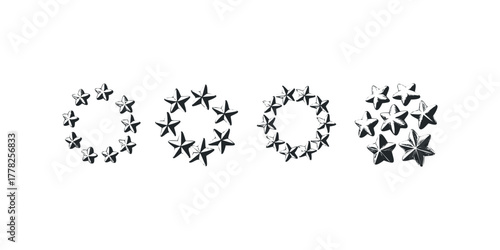 Set of four black five-pointed stars forming circles and cluster