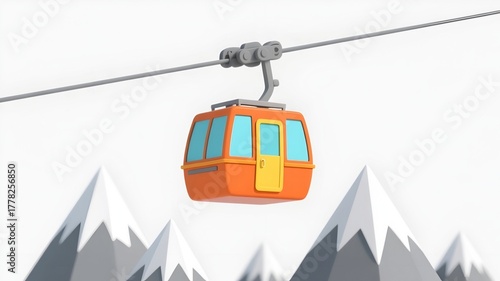 3D illustration of a bright orange gondola with blue windows hanging on cables