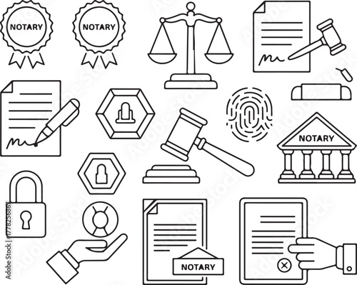 Legal Notary Icon Set Vector Illustration of Law, Justice, and Document Authentication Symbols in Black and White Graphic Elements for Legal Services