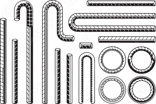 Reinforcement Bar Collection Vector Illustration of Steel Rods and Rebar Shapes for Construction, Engineering, and Architectural Graphic Elements