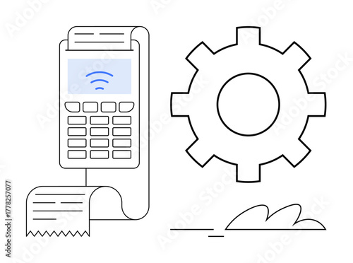 POS terminal with receipt and gear icon emphasizing payment automation, fintech, and modern technology. Ideal for finance, retail, e-commerce, business tools, automation, digital transactions