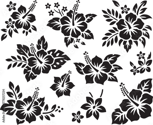 Hibiscus Flower Silhouettes Collection with Tropical Plant Vector Floral Arrangement in Hawaiian Style for Textile Print Patterns 130chr
