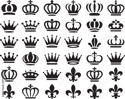 Royal Crown Silhouettes Vector Set of King and Queen Heraldic Authority Symbols for Logo Badge and Monarchy Emblems with Various Styles 130chr