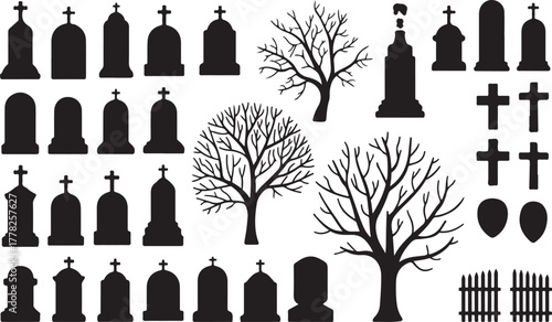 Graveyard or cemetery silhouettes scene with tombstones, crosses, trees, and fence on transparent background exactly 130 characters