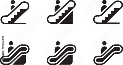 Escalator up and down silhouettes with man and woman on transparent background exactly 130 characters including transparent