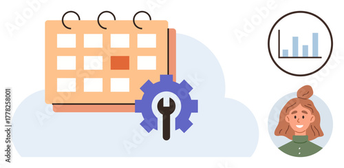 Calendar with gear icon, chart in a circle, female avatar, soft cloud. Ideal for planning, organization, productivity, analytics teamwork scheduling time management. Simple flat metaphor