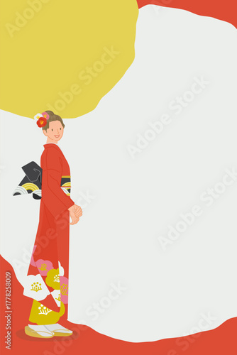 Japanese New Year greeting card template with woman in red kimono