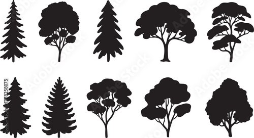 Collection of Tree Silhouette Icons Evergreen Deciduous Trees Symbolizing Forest Nature Growth Ecology and Environment in Black and White