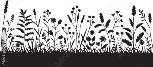 Silhouette of grass with flowers against transparent backdrop in vector format that is exactly one hundred thirty characters