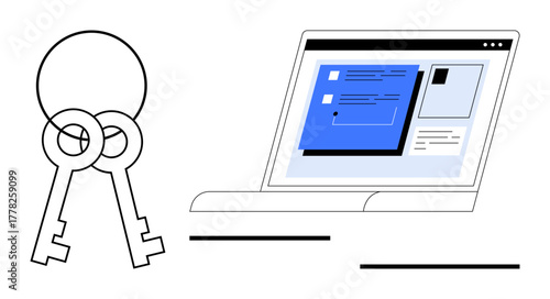 Two keys alongside a laptop displaying an interface symbolize security, access, and data privacy. Ideal for technology, cybersecurity, encryption, online access, data protection, password management