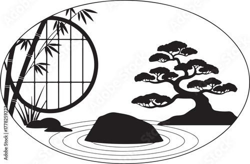 Zen garden with bonsai tree silhouette japanese asian oriental meditation nature plant balance relaxation art harmony landscape japan zen rock
