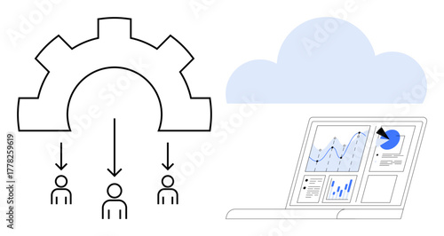 Gear symbol distributing data to individuals, cloud storage, and analytics on a laptop. Ideal for teamwork, cloud computing, automation, data sharing, digital solutions, analytics simple flat