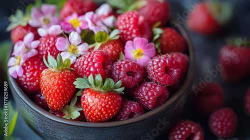 Collection of wild berries with berry leaves isolated on a white background