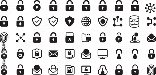 Set of Black Security Icons Representing Padlock, Protection, Key, Shield and Data on Transparent Background Exactly 130 Characters