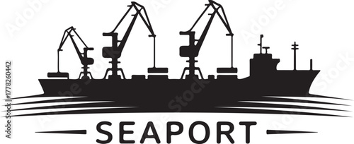 Seaport silhouette with ship and cranes for container terminal and cargo transportation on harbor for industry vector illustration