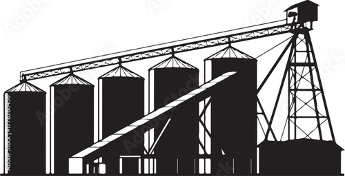 Grain elevator silhouette with silos and loading tower for storage and agriculture industry on farm in countryside vector art