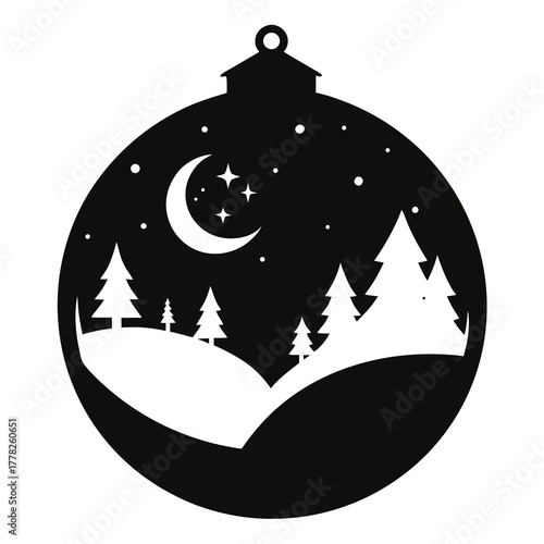Christmas ornament silhouette featuring a winter night scene with trees and moon isolated on white background isolated on transparent background