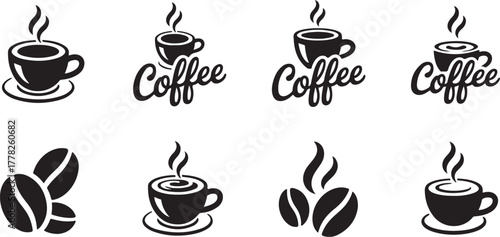 Coffee Icons Collection of Mug or Cup with Steaming Aroma and Beans for Cafe, Cafeteria or Coffeehouse Isolated on Transparent Vector