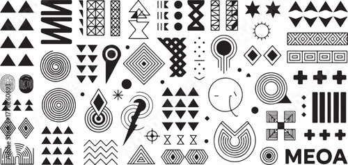 Tribal Geometric Patterns and Decoration Collection in Minimal Line Style Isolated on Transparent Background Vector Illustration