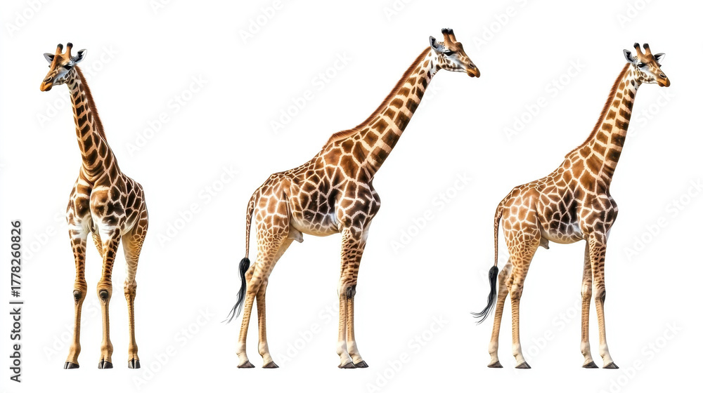 Obraz premium Set of three giraffes seen from front, isolated on white background