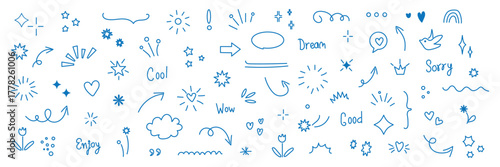 Line arrow, star, heart cute icon elements. Hand drawn sketch heart, arrow, star, flower decoration symbols. Simple sketch line style emphasis, attention, graphic elements. Vector illustration