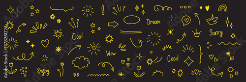 Line arrow, star, heart cute icon elements. Hand drawn sketch heart, arrow, star, flower decoration symbols. Simple sketch line style emphasis, attention, graphic elements. Vector illustration