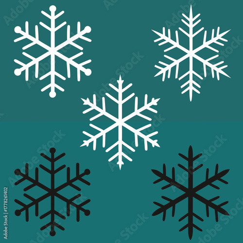 Collection of five snowflakes in black and white on teal background