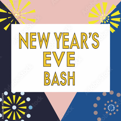 Colorful new years eve bash invitation with fireworks and geometric shapes