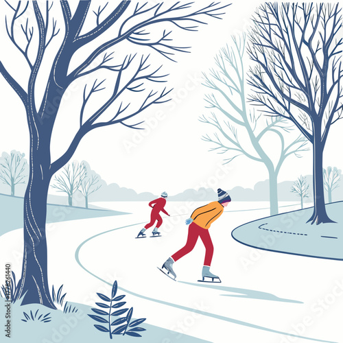 Couple ice skating on a frozen lake surrounded by trees in winter season